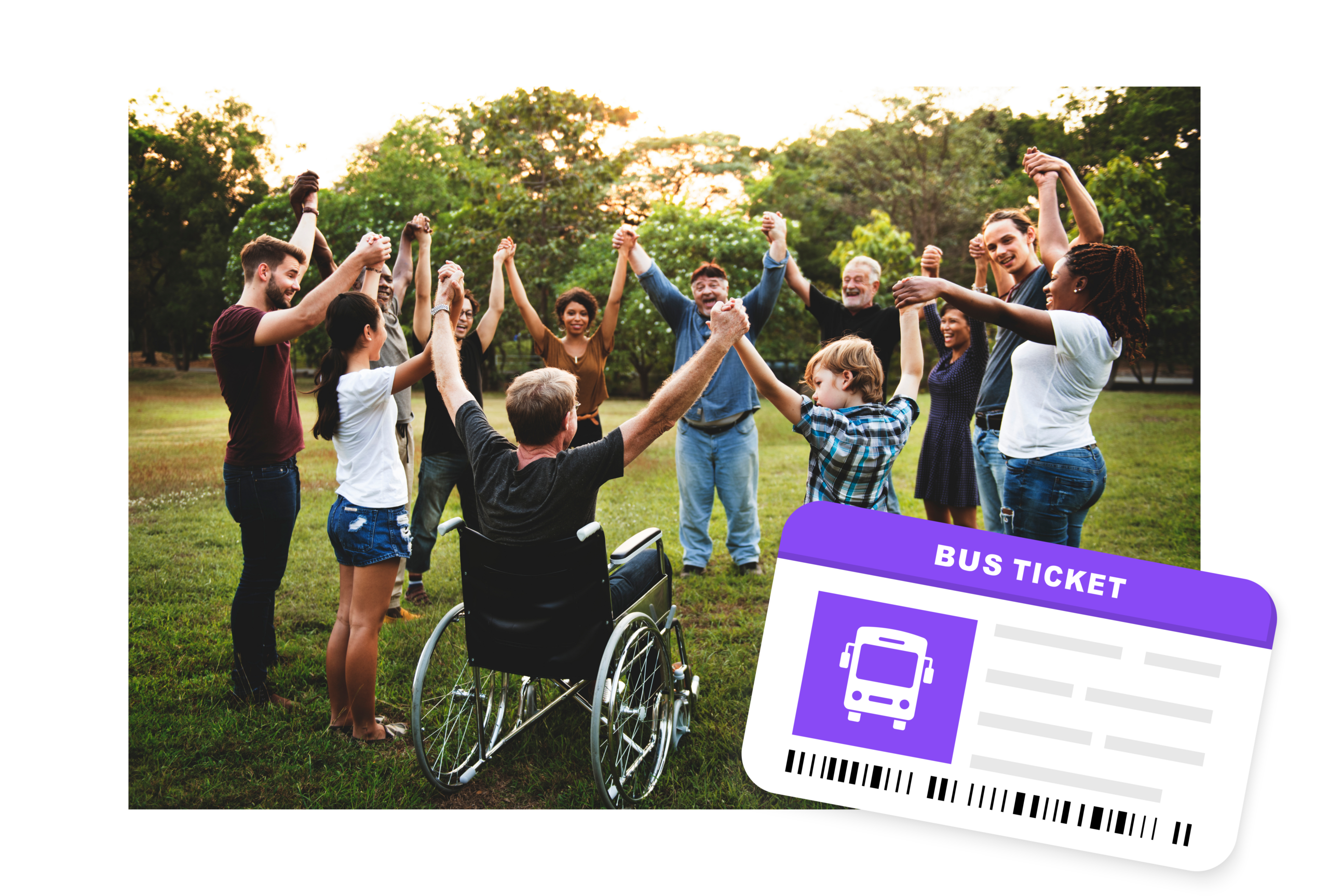 Diverse Ability Group photo with bus ticket graphic overlayed